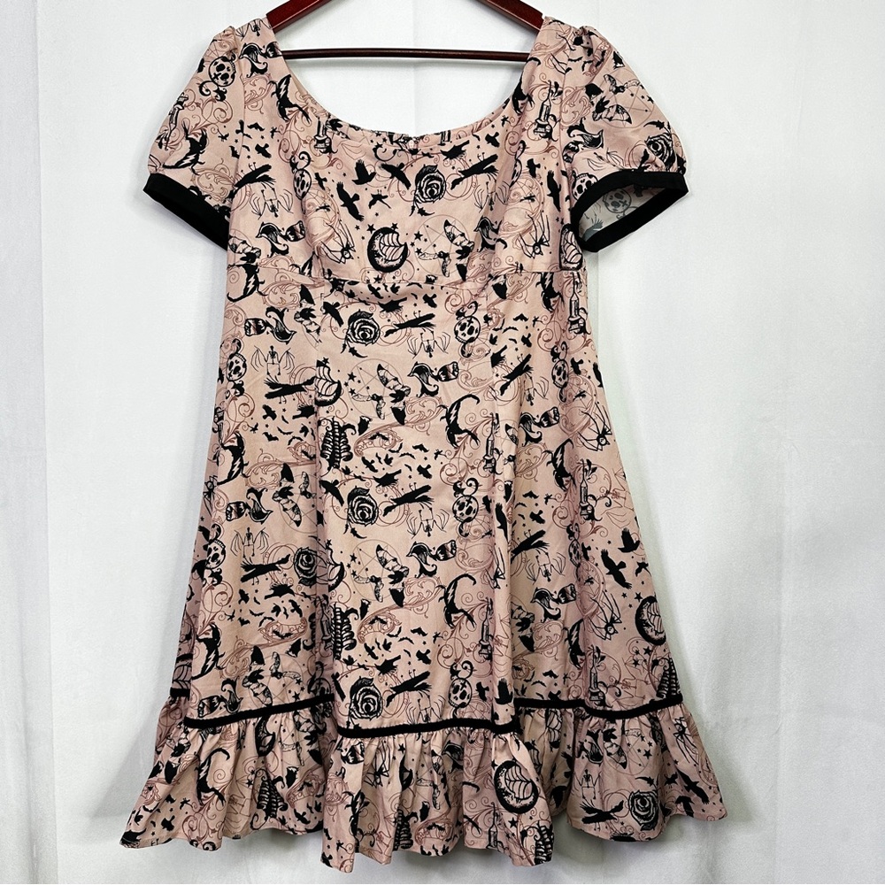 Spin Doctor Skull Crow Midi Dress Womens Gothic Witchy Ruffle Hem XL Pink
